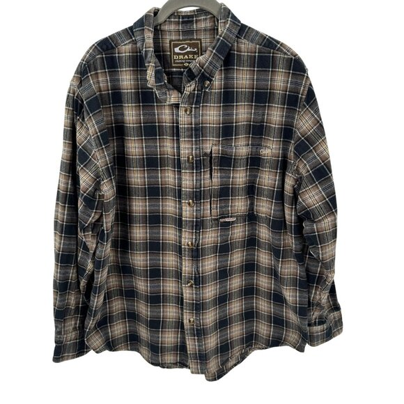 Drake Brown Plaid Flannel Long Sleeve Shirt Mens Large 100% Cotton Soft Casual - Picture 1 of 6